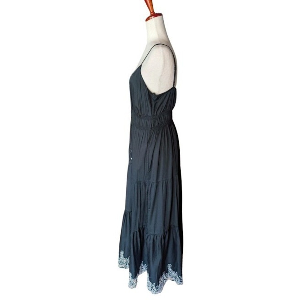 GAP Black Cotton Tiered Maxi Dress Embroidered Scallop Hem Smocked Waist Size M - Picture 4 of 8